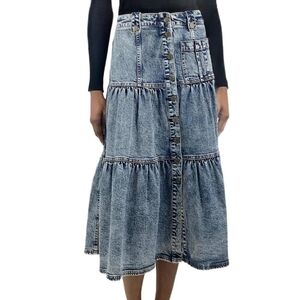 Ulla Johnson Indigo Denim Tiered Skirt